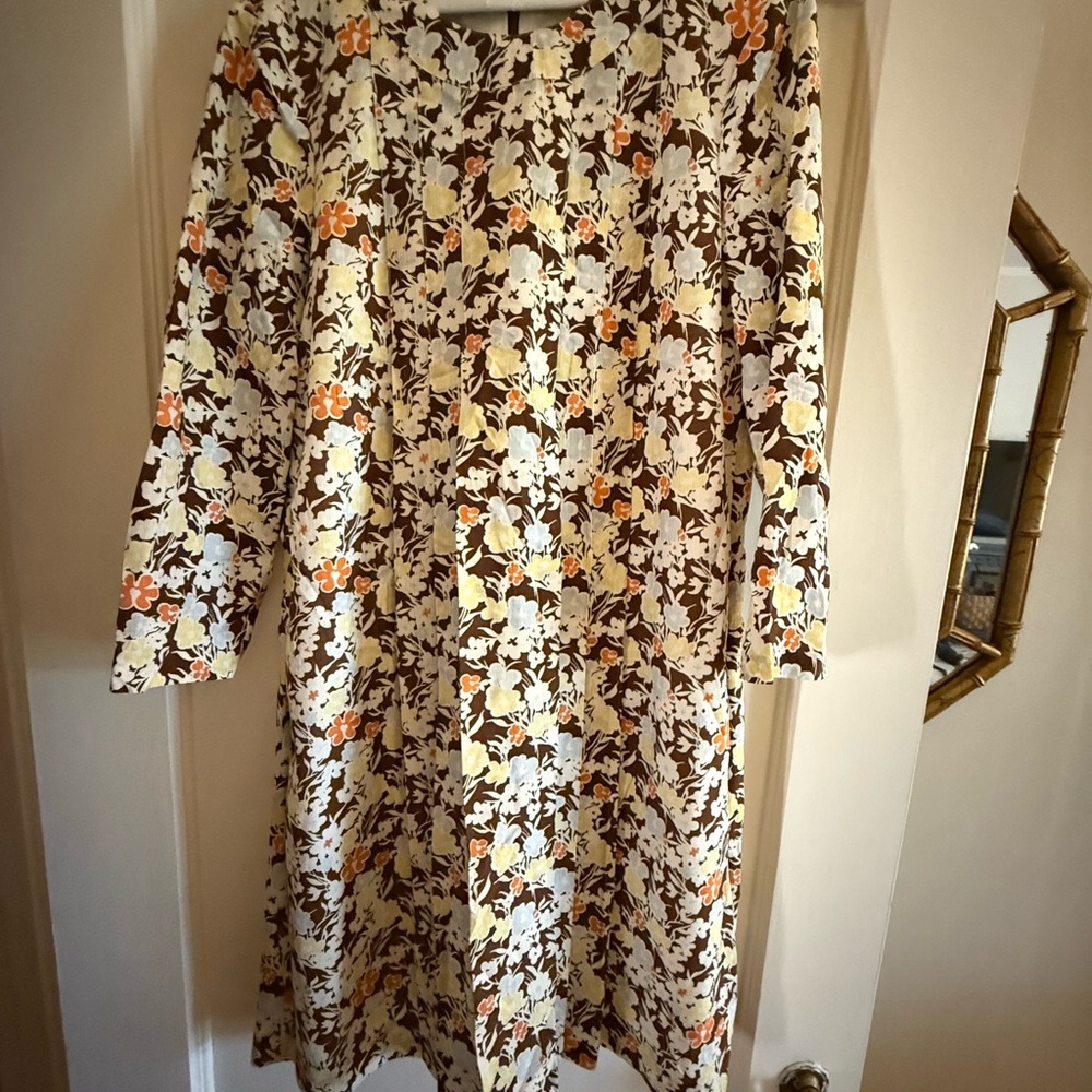 Tory Burch Floral Long Sleeve Dress - Cream, Orange, Brown